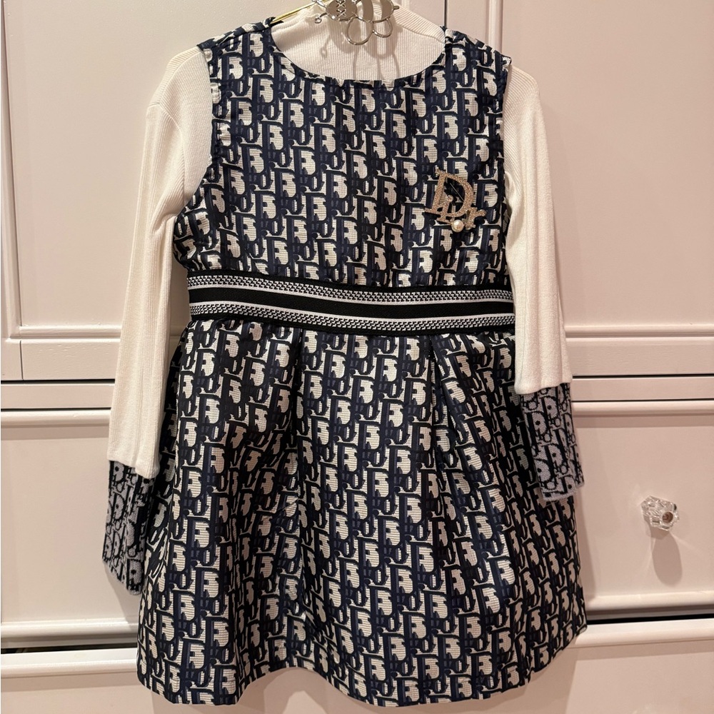Dior Navy and White Icon-Print A-Line Dress with Knit Sleeves NWT